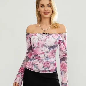 Y2K Floral Print Off-Shoulder Long Sleeve Top - Streetwear Aesthetic