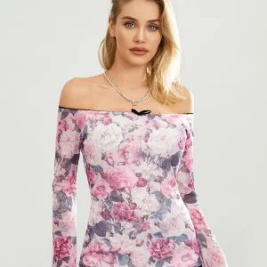 Y2K Floral Print Off-Shoulder Long Sleeve Top - Streetwear Aesthetic