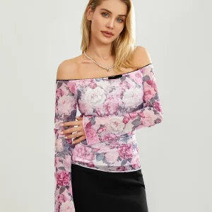 Y2K Floral Print Off-Shoulder Long Sleeve Top - Streetwear Aesthetic