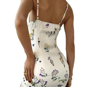 Y2K Floral Print Sleeveless V-Neck Boho Dress - Open Back Spaghetti Strap Sexy Dress