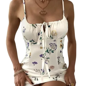 Y2K Floral Print Sleeveless V-Neck Boho Dress - Open Back Spaghetti Strap Sexy Dress