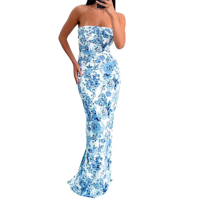 Y2K Floral Print Strapless Bodycon Dress - Off Shoulder Sleeveless Clubwear