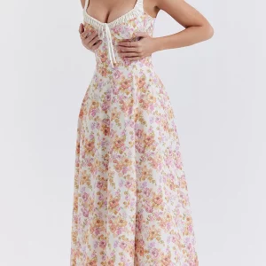 Y2K Floral Print Suspender A-Line Midi Dress - Boho Strapless Lace-up High Slit Tank Dress