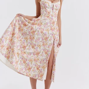 Y2K Floral Print Suspender A-Line Midi Dress - Boho Strapless Lace-up High Slit Tank Dress