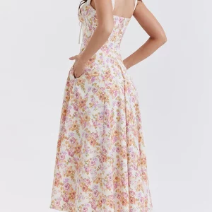 Y2K Floral Print Suspender A-Line Midi Dress - Boho Strapless Lace-up High Slit Tank Dress