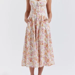 Y2K Floral Print Suspender A-Line Midi Dress - Boho Strapless Lace-up High Slit Tank Dress