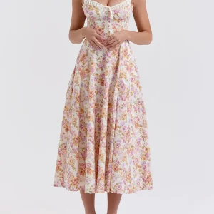 Y2K Floral Print Suspender A-Line Midi Dress - Boho Strapless Lace-up High Slit Tank Dress