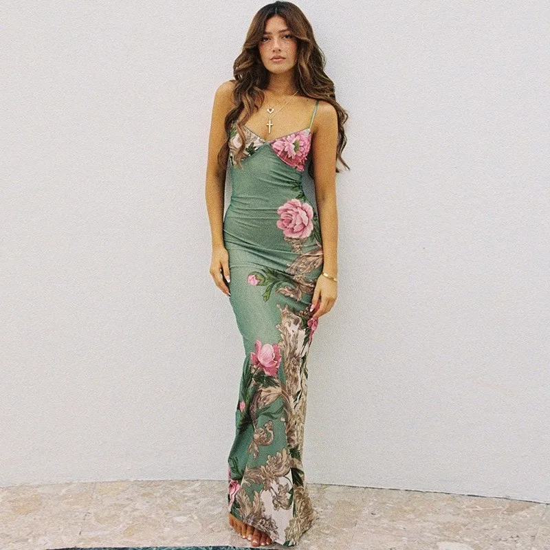 Y2K Floral Print Suspender Maxi Dress - V Neck Boho Beach Party Outfit