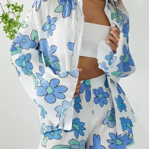 Y2K Floral Print Two-Piece Shorts Set with Long Sleeve Shirt