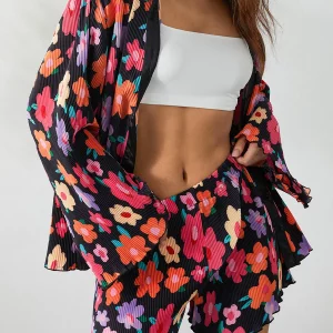 Y2K Floral Print Two-Piece Shorts Set with Long Sleeve Shirt