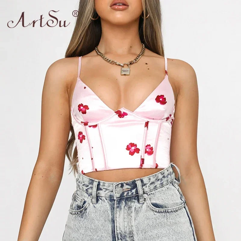 Y2K Floral Satin Crop Top - Deep V-Neck Sleeveless Camisole