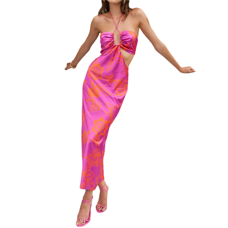 Y2K Floral Satin Halter Dress with Cutout Back - Sleeveless Cocktail Party Outfit