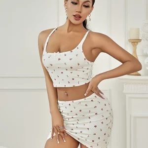 Y2K Floral Square Neck Camisole and Low Waist Mini Bodycon Skirt Set