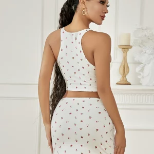 Y2K Floral Square Neck Camisole and Low Waist Mini Bodycon Skirt Set