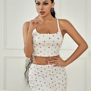 Y2K Floral Square Neck Camisole and Low Waist Mini Bodycon Skirt Set