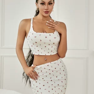 Y2K Floral Square Neck Camisole and Low Waist Mini Bodycon Skirt Set