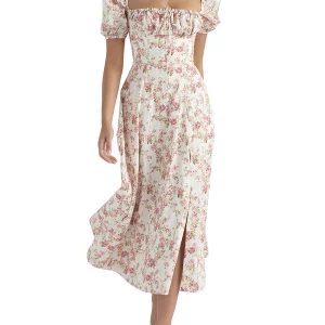 Y2K Floral Square Neck Midi Dress with Puff Sleeves - Boho Maxi Style