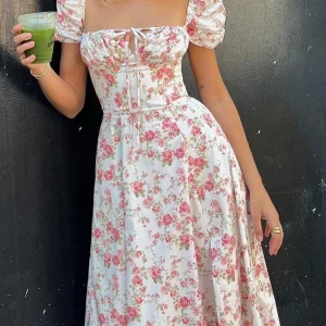 Y2K Floral Square Neck Midi Dress with Puff Sleeves - Boho Maxi Style