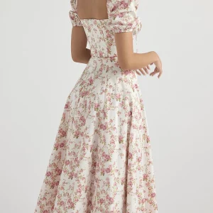 Y2K Floral Square Neck Midi Dress with Puff Sleeves - Boho Maxi Style