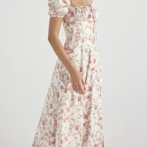 Y2K Floral Square Neck Midi Dress with Puff Sleeves - Boho Maxi Style