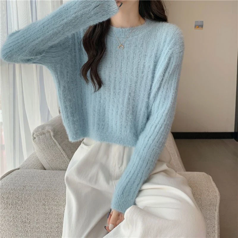 Y2K Fluffy Crop Sweater - Korean Style Warm Pullover