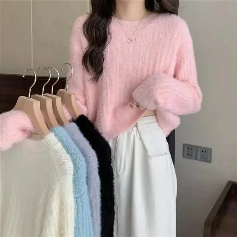 Y2K Fluffy Crop Sweater - Korean Style Warm Pullover