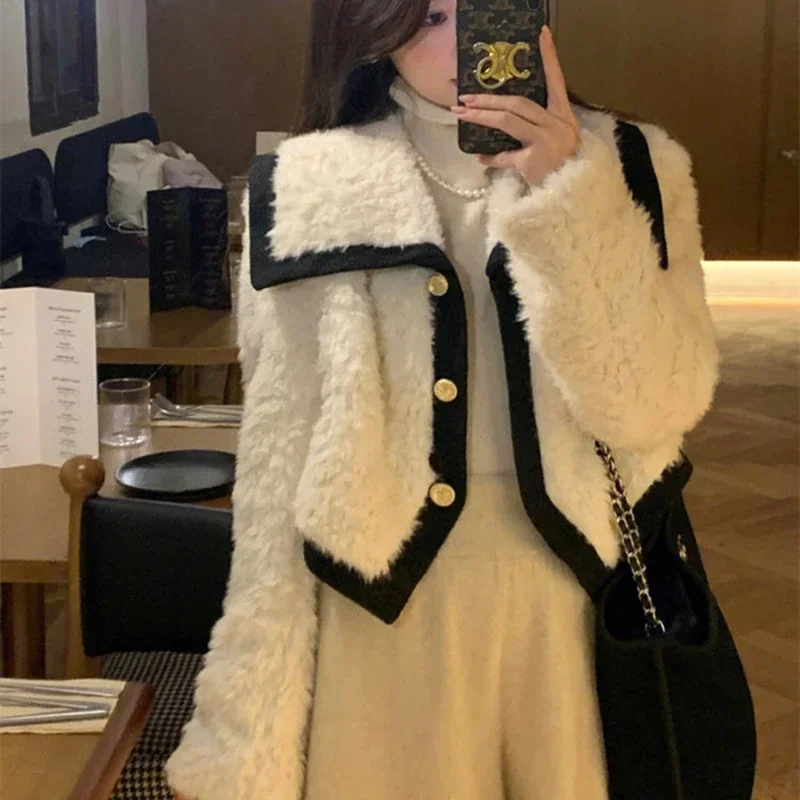 Y2K Fluffy Faux Lamb Fur Jacket - Retro Grunge Winter Coat