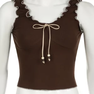 Y2K Frill Camisole Brown Tie Up Crop Top - Kawaii Aesthetic Tank Top - 2000s