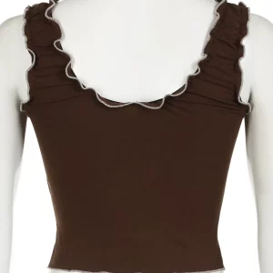 Y2K Frill Camisole Brown Tie Up Crop Top - Kawaii Aesthetic Tank Top - 2000s