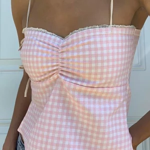 Y2k Gingham Cami Tank Top - Slim Fit Crop Top with Tie Spaghetti Strap