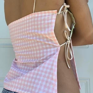 Y2k Gingham Cami Tank Top - Slim Fit Crop Top with Tie Spaghetti Strap