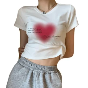 Y2K Girls Casual Slim Top: Heart Print Harajuku Tee Shirt