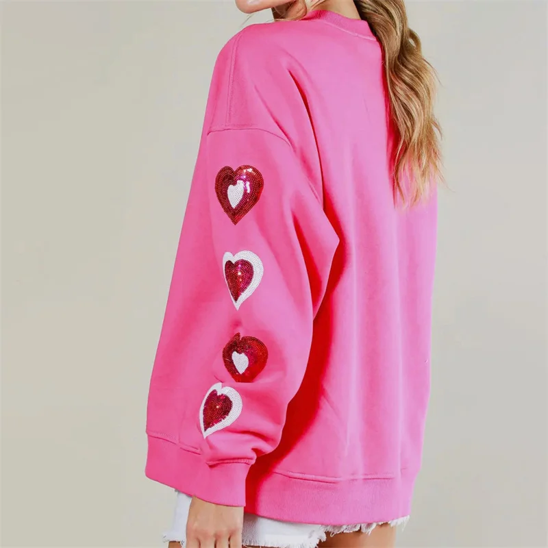 Y2K Glitter Heart Pattern Sweatshirt - Oversized Hoodie for 2000s Streetwear