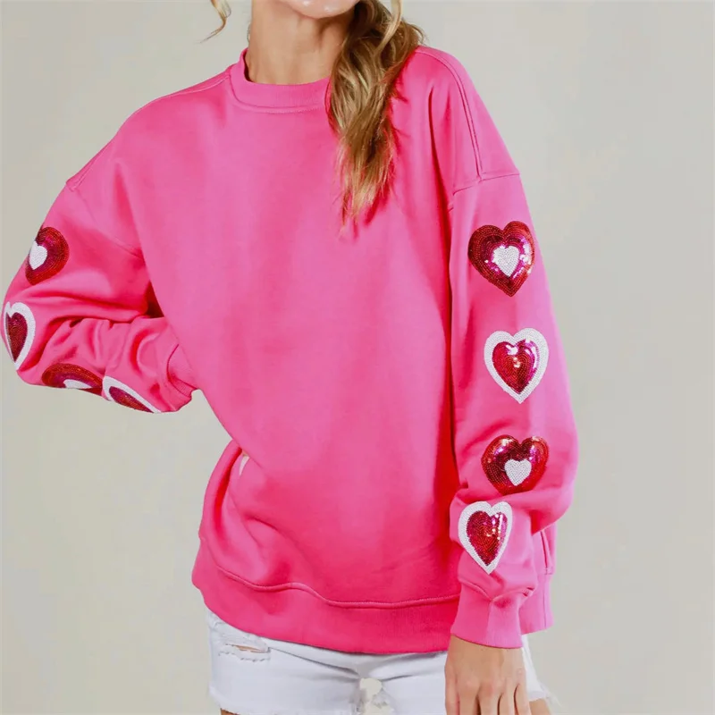 Y2K Glitter Heart Pattern Sweatshirt - Oversized Hoodie for 2000s Streetwear