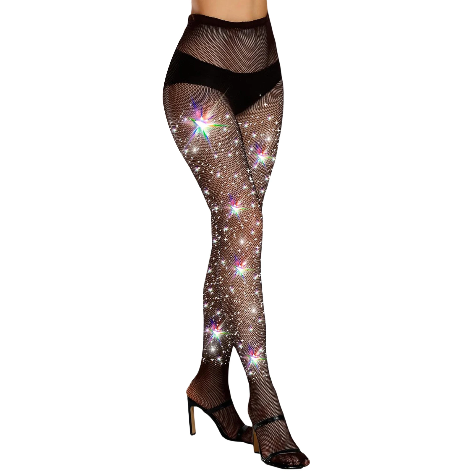 Y2K Glitter Rhinestone Fishnet High Waist Stockings - Women's Partywear