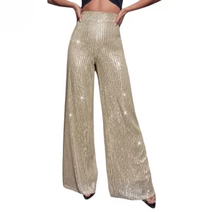 Y2K Glitter Sequin Bell Bottom Pants - High Waist Wide Leg Sparkle Trousers