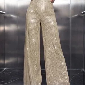 Y2K Glitter Sequin Bell Bottom Pants - High Waist Wide Leg Sparkle Trousers