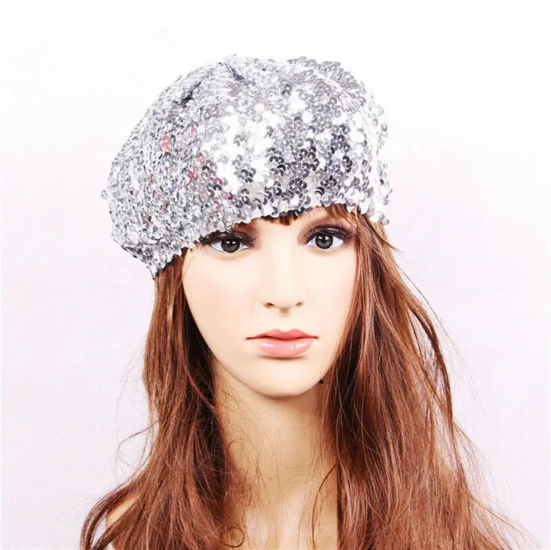 Y2K Glitter Sequin Beret Hat for Party Club Dance - Black Silver Red Gold Pink