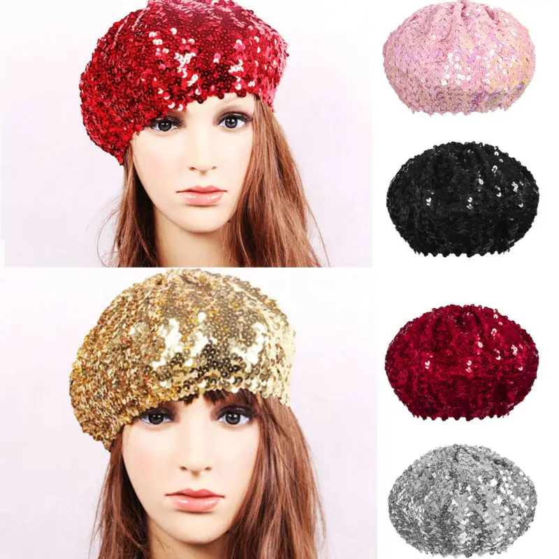 Y2K Glitter Sequin Beret Hat for Party Club Dance - Black Silver Red Gold Pink