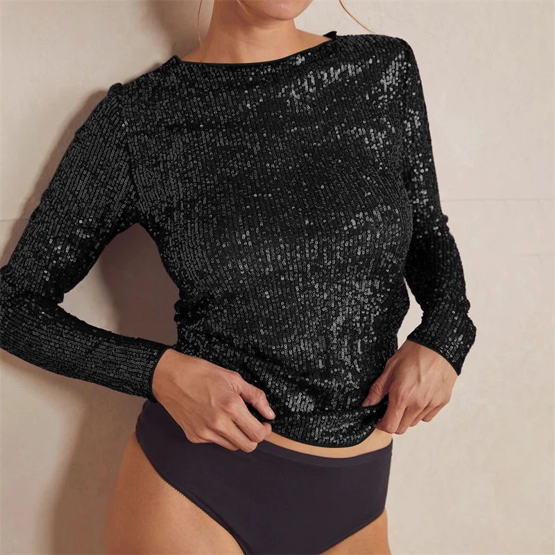 Y2K Glitter Sequin Crop Top - Shiny Round Neck Long Sleeve Clubwear