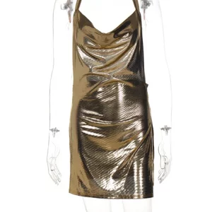 Y2K Glitter Sequin Halter Backless Mini Dress - Metallic Drape Front Elegant Sexy Party Dress