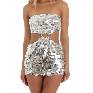 Y2K Glitter Sequins Strapless Backless Waist Cutout Party Mini Dress