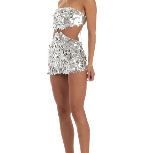 Y2K Glitter Sequins Strapless Backless Waist Cutout Party Mini Dress