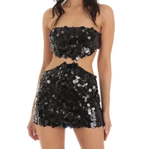 Y2K Glitter Sequins Strapless Backless Waist Cutout Party Mini Dress