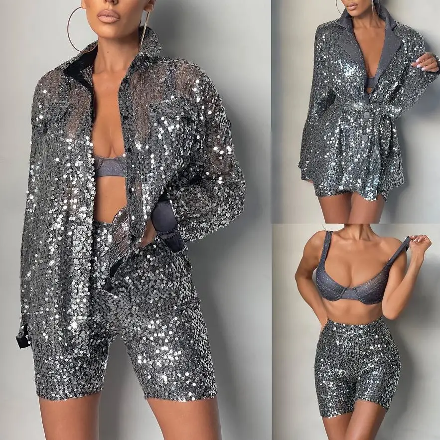 Y2K Glitter Sparkle Sequin Blouse Pants Set - Party Club Night Outfit