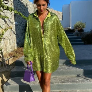 Y2K Glitter V-Neck Blouse: Sequin Party Clubwear - Green