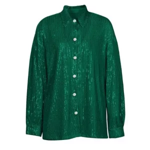 Y2K Glitter V-Neck Blouse: Sequin Party Clubwear - Green