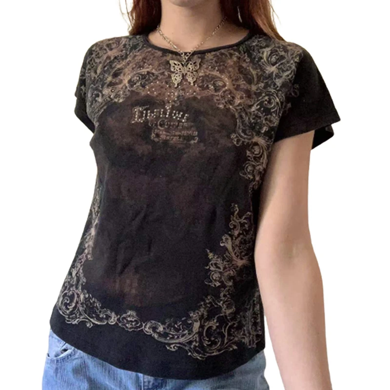 Y2K Goth Aesthetic Women's Short Sleeve Crop Top - Vintage Graphic Tee Shirt