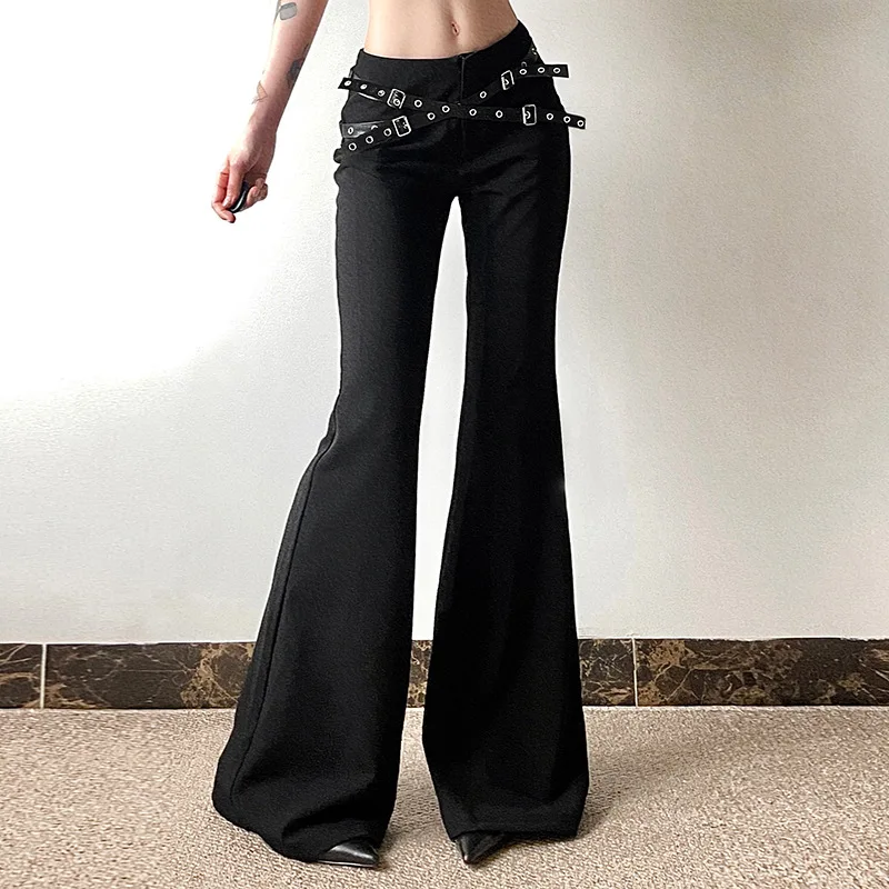 Y2K Goth Dark Harajuku High Waist Flare Pants - Punk Streetwear Trousers