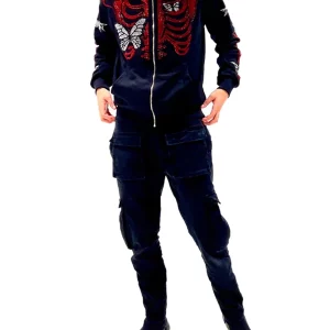 Y2K Goth Rhinestone Skeleton Full Zip Hoodie - Black Grunge Sweatshirt